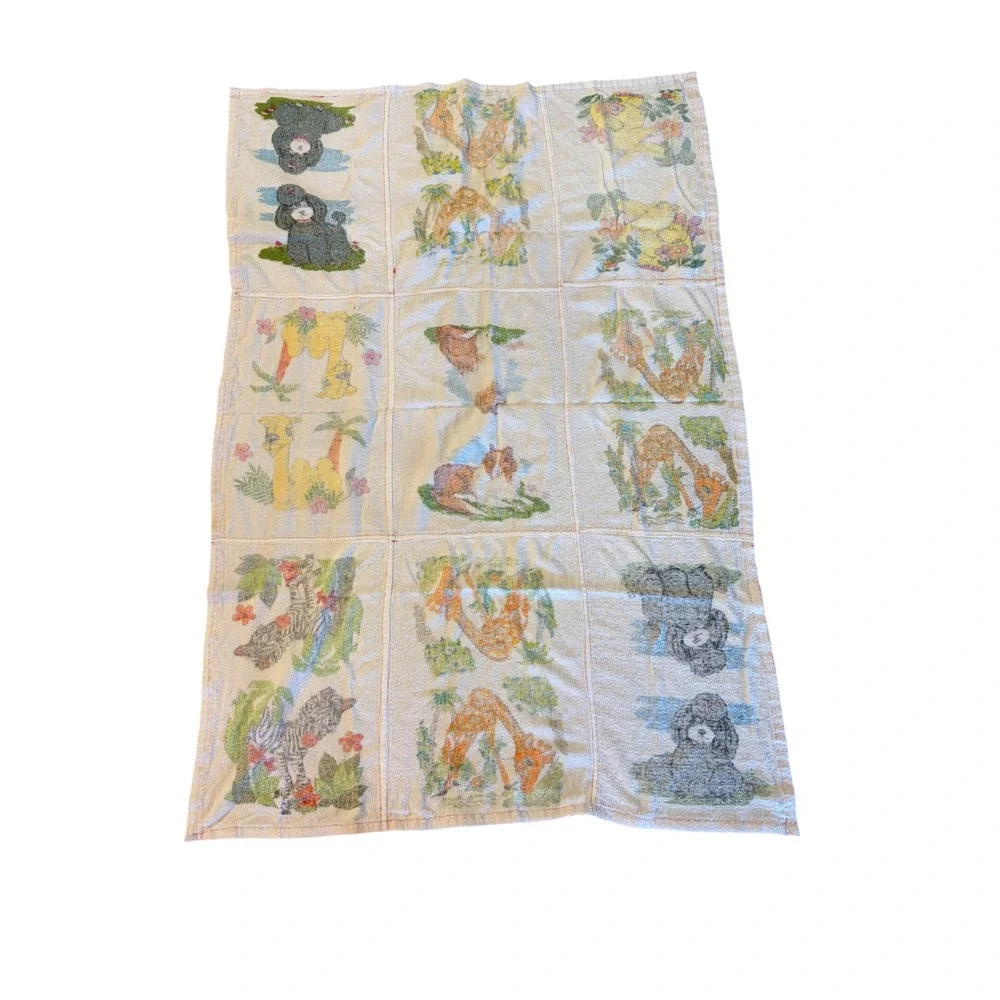 Vintage Safari Animal Terry Cloth Towel Orange Trim Giraffe Zebra Aprox 31x41